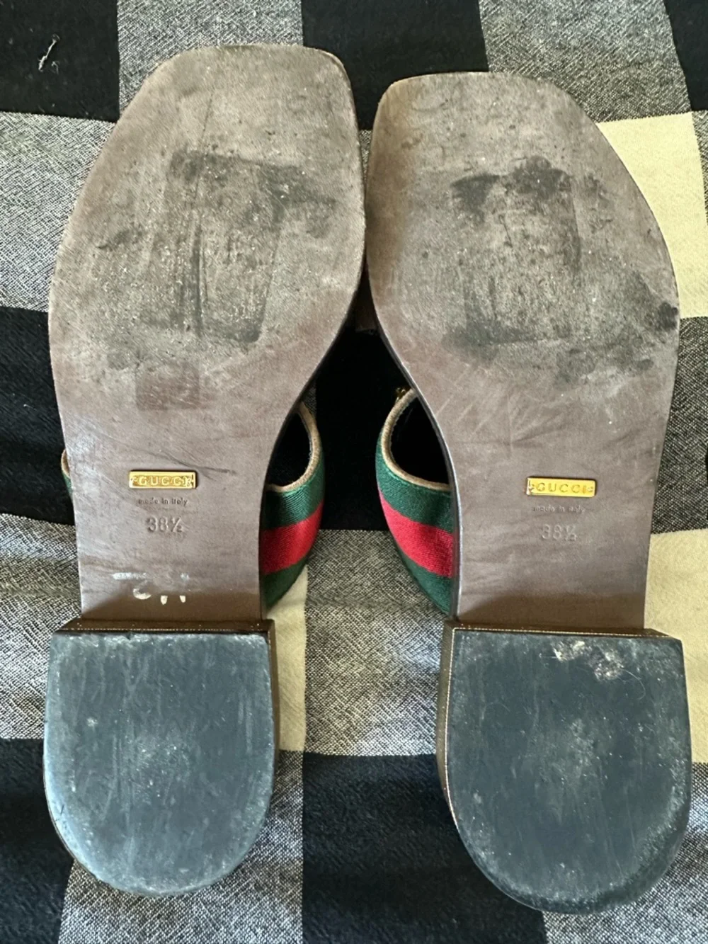 Gucci Brown Suede & Black Slide Sandals with Green and Red Webbing - Picture 3 of 3